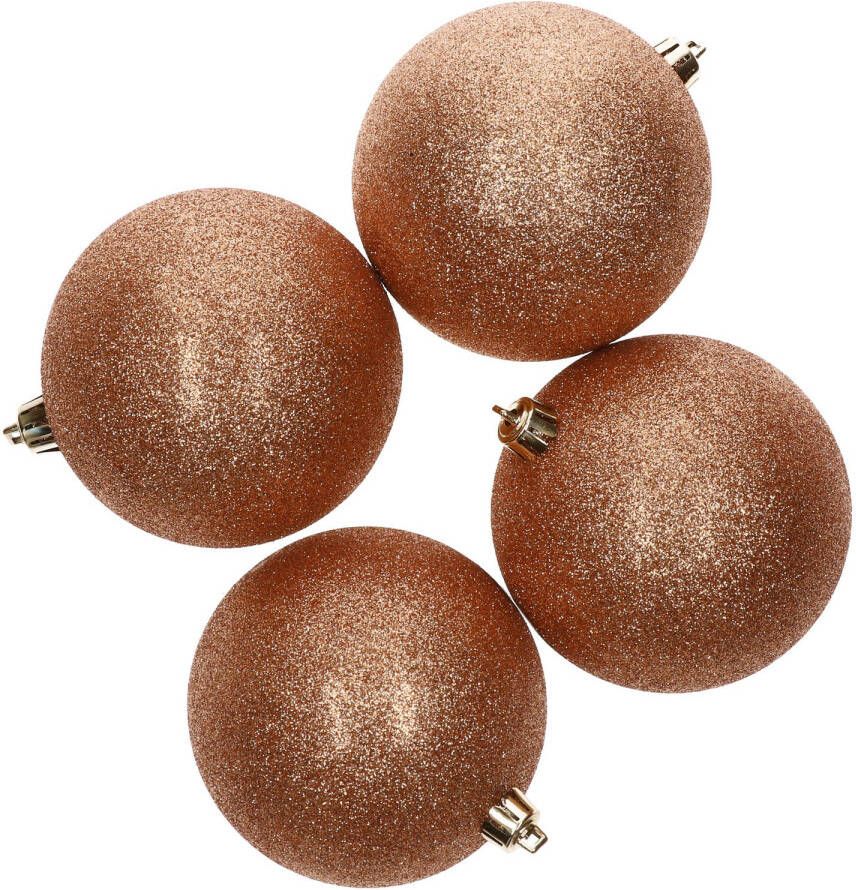 Cosy & Trendy 4x Kunststof kerstballen glitter koper 10 cm kerstboom versiering decoratie Kerstbal