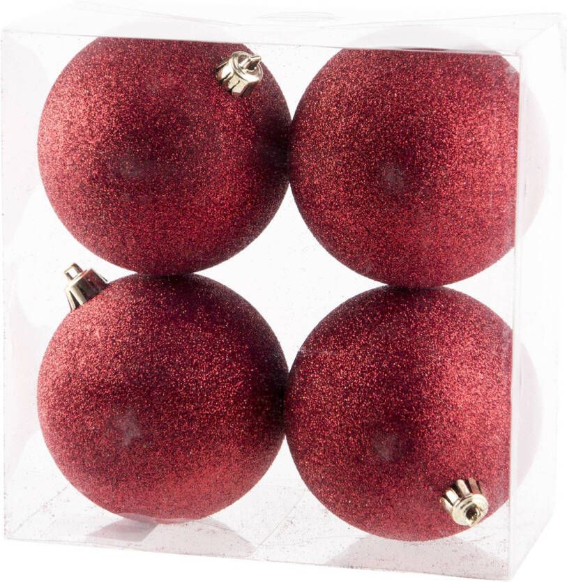 Cosy & Trendy 4x Kunststof kerstballen glitter rood 10 cm kerstboom versiering decoratie Kerstbal