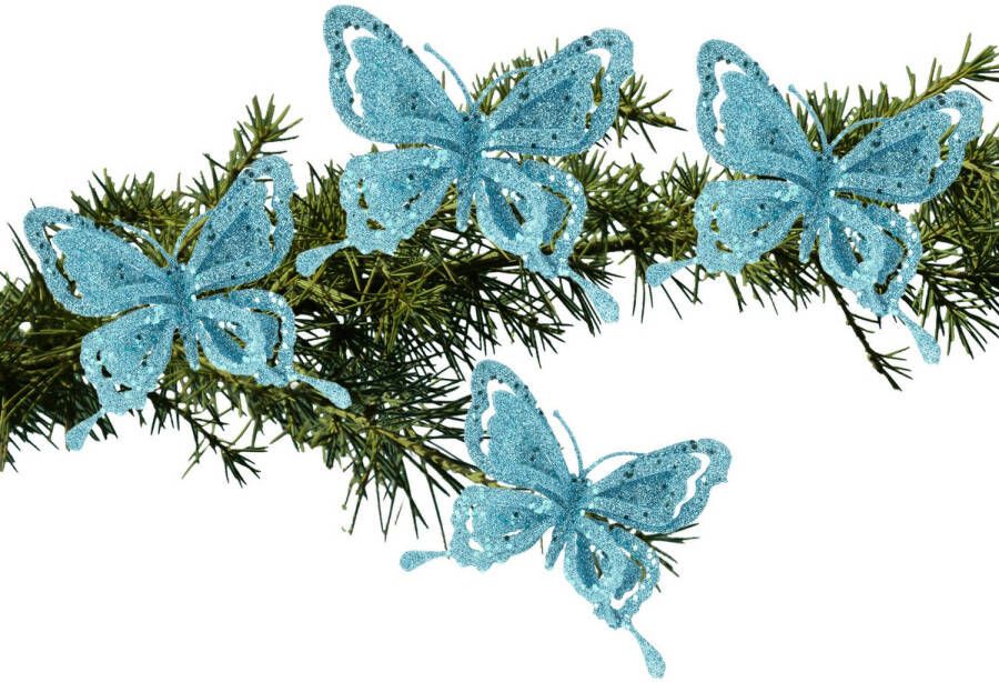Cosy & Trendy 4x stuks kerstboom decoratie vlinders op clip glitter blauw 14 cm Kersthangers