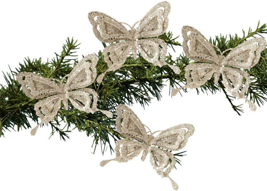 Cosy & Trendy 4x stuks kerstboom decoratie vlinders op clip glitter champagne 14 cm Kersthangers