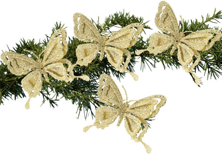 Cosy & Trendy 4x stuks kerstboom decoratie vlinders op clip glitter goud 14 cm Kersthangers