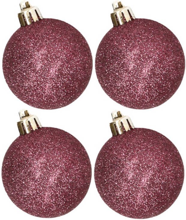Cosy & Trendy 4x stuks kunststof glitter kerstballen aubergine roze 10 cm Kerstbal