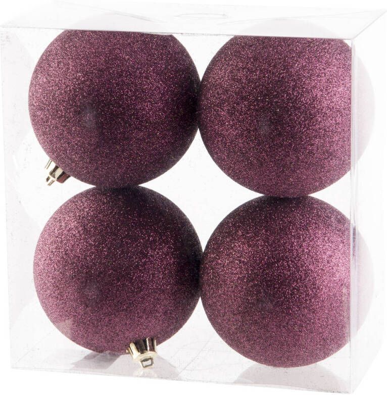 Cosy & Trendy 4x stuks kunststof glitter kerstballen aubergine roze 10 cm Kerstbal