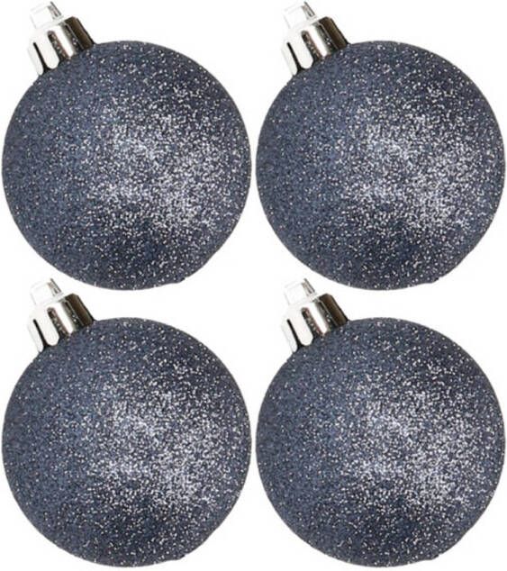 Cosy & Trendy 4x stuks kunststof glitter kerstballen donkerblauw 10 cm Kerstbal