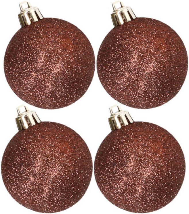 Cosy & Trendy 4x stuks kunststof glitter kerstballen donkerbruin 10 cm Kerstbal