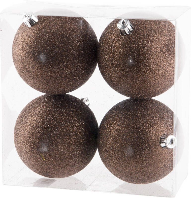 Cosy & Trendy 4x stuks kunststof glitter kerstballen donkerbruin 10 cm Kerstbal