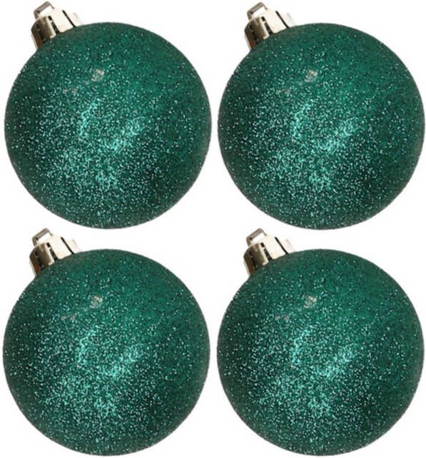 Cosy & Trendy 4x stuks kunststof glitter kerstballen donkergroen 10 cm Kerstbal