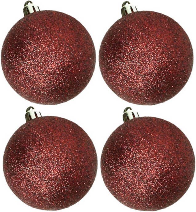 Cosy & Trendy 4x stuks kunststof glitter kerstballen donkerrood 10 cm Kerstbal