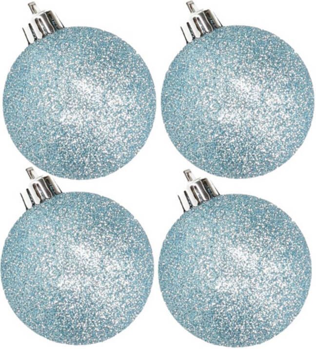 Cosy & Trendy 4x stuks kunststof glitter kerstballen ijsblauw 10 cm Kerstbal