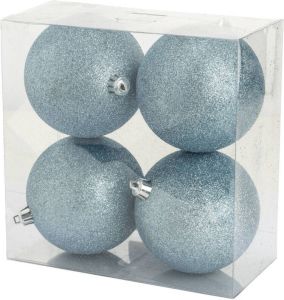Cosy & Trendy 4x stuks kunststof glitter kerstballen ijsblauw 10 cm Kerstbal