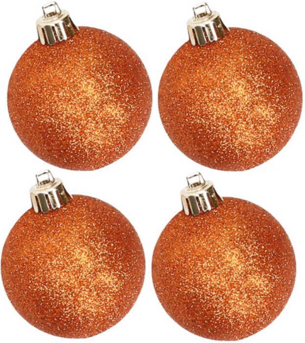 Cosy & Trendy 4x stuks kunststof glitter kerstballen oranje 10 cm Kerstbal