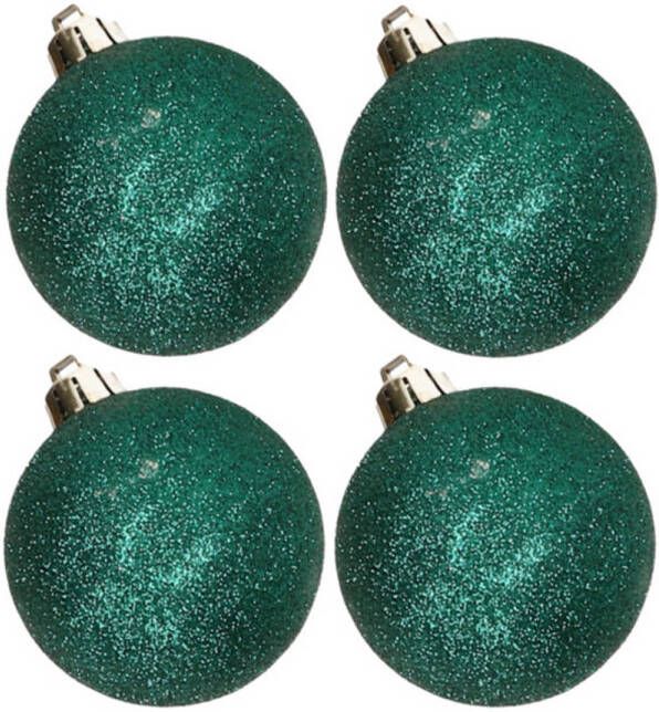 Cosy & Trendy 4x stuks kunststof glitter kerstballen petrol groen 10 cm Kerstbal