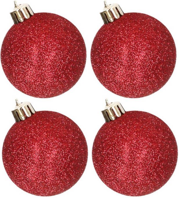 Cosy & Trendy 4x stuks kunststof glitter kerstballen rood 10 cm Kerstbal