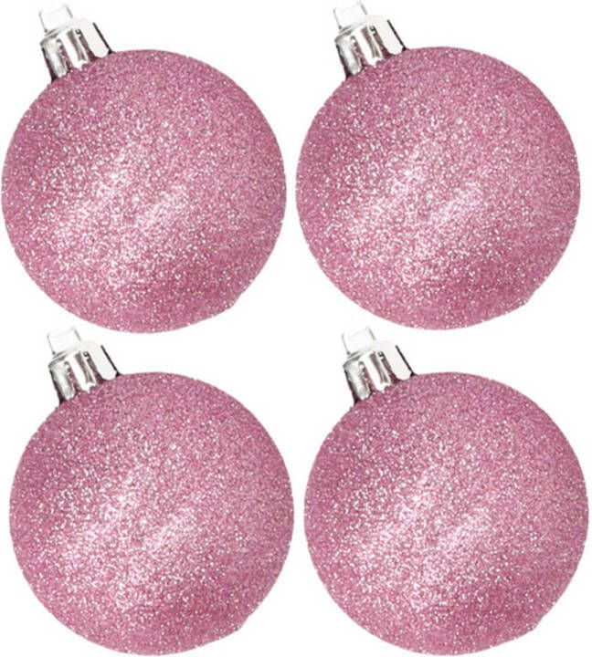 Cosy & Trendy 4x stuks kunststof glitter kerstballen roze 10 cm Kerstbal