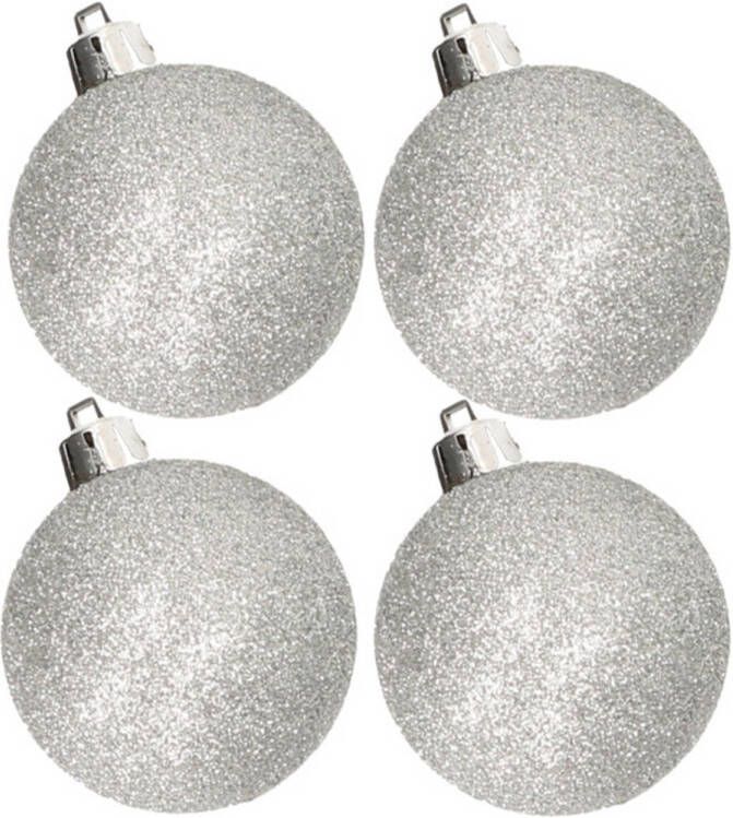 Cosy & Trendy 4x stuks kunststof glitter kerstballen zilver 10 cm Kerstbal
