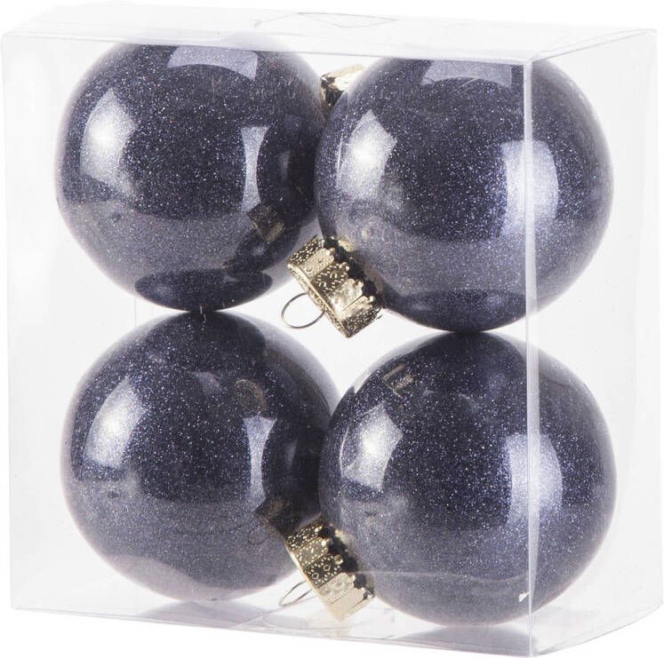 Cosy & Trendy 4x stuks kunststof kerstballen met glitter afwerking donkerblauw 8 cm Kerstbal
