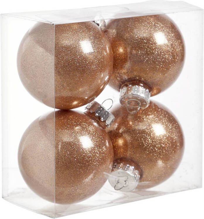 Cosy & Trendy 4x stuks kunststof kerstballen met glitter afwerking koper 8 cm Kerstbal
