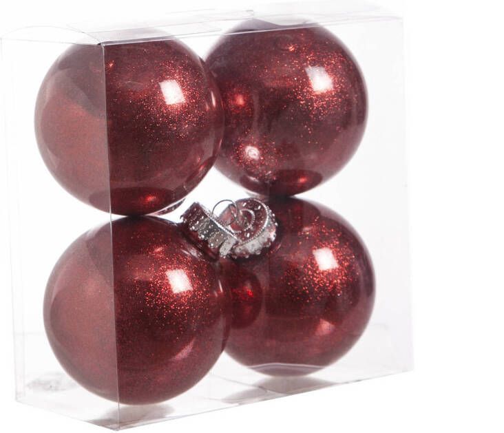 Cosy & Trendy 4x stuks kunststof kerstballen met glitter afwerking rood 8 cm Kerstbal