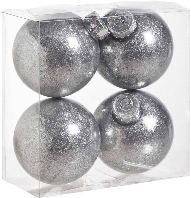 Cosy & Trendy 4x stuks kunststof kerstballen met glitter afwerking zilver 8 cm Kerstbal