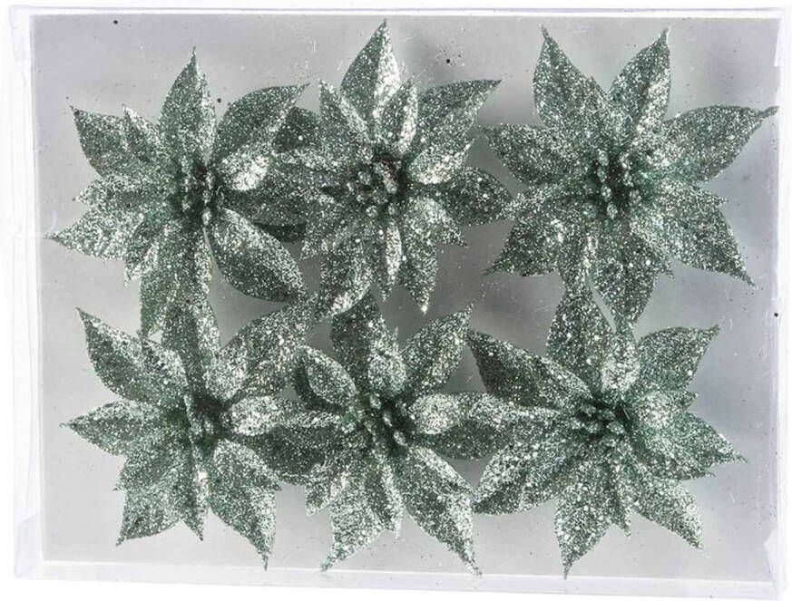Cosy & Trendy 6x Kerstboomversiering mintgroene glitter kerstrozen op clip 8 cm Kunstbloemen