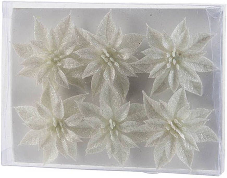 Cosy & Trendy 6x Kerstboomversiering witte glitter kerstrozen op ijzerdraad 8 cm Kunstbloemen