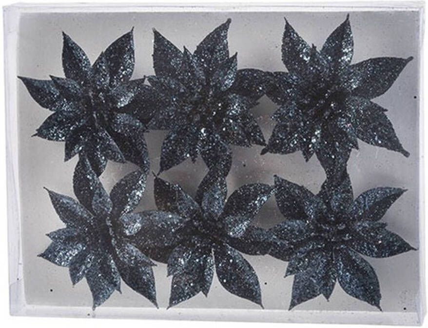 Cosy & Trendy 6x Kerstversieringen glitter kerstrozen donkerblauw op clip Kunstbloemen