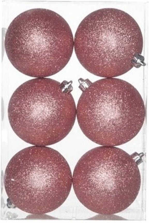 Cosy & Trendy 6x Kunststof kerstballen glitter roze 8 cm kerstboom versiering decoratie Kerstbal