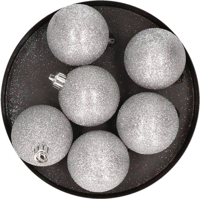 Cosy & Trendy 6x Kunststof kerstballen glitter zilver 8 cm kerstboom versiering decoratie Kerstbal