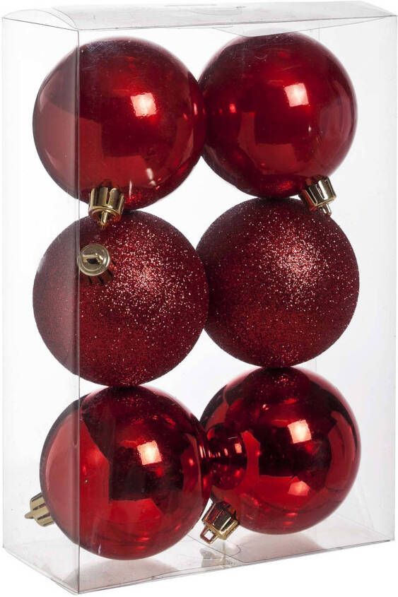 Cosy & Trendy 6x Rode kerstballen 8 cm kunststof mat glans glitter Kerstbal