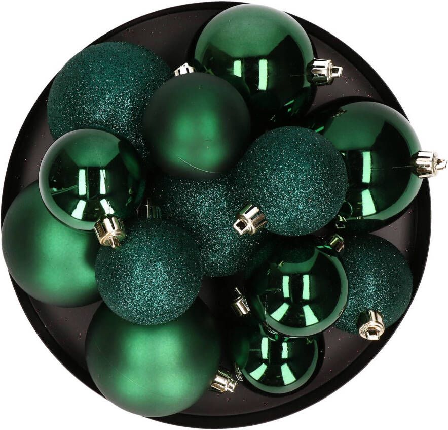 Cosy & Trendy 6x stuks kerstballen 8 cm donkergroen kunststof mat glans glitter Kerstbal
