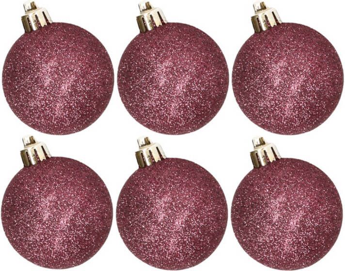 Cosy & Trendy 6x stuks kunststof glitter kerstballen aubergine roze 6 cm Kerstbal