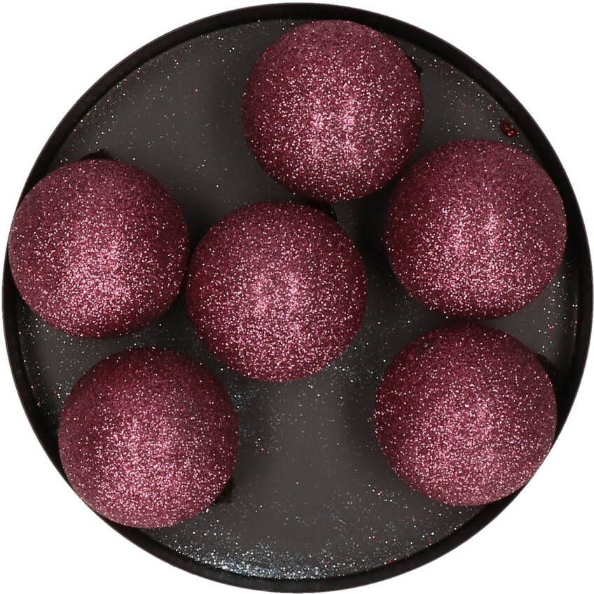 Cosy & Trendy 6x stuks kunststof glitter kerstballen aubergine roze 6 cm Kerstbal