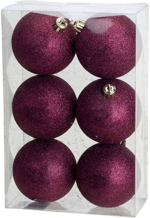 Cosy & Trendy 6x stuks kunststof glitter kerstballen aubergine roze 8 cm Kerstbal
