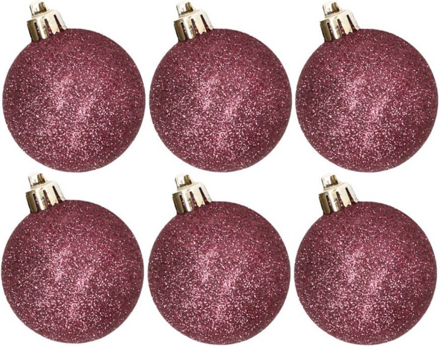 Cosy & Trendy 6x stuks kunststof glitter kerstballen aubergine roze 8 cm Kerstbal