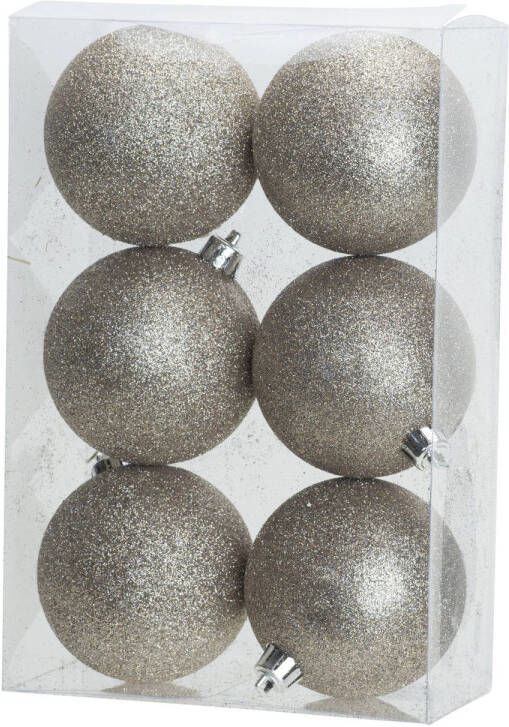 Cosy & Trendy 6x stuks kunststof glitter kerstballen champagne 8 cm Kerstbal