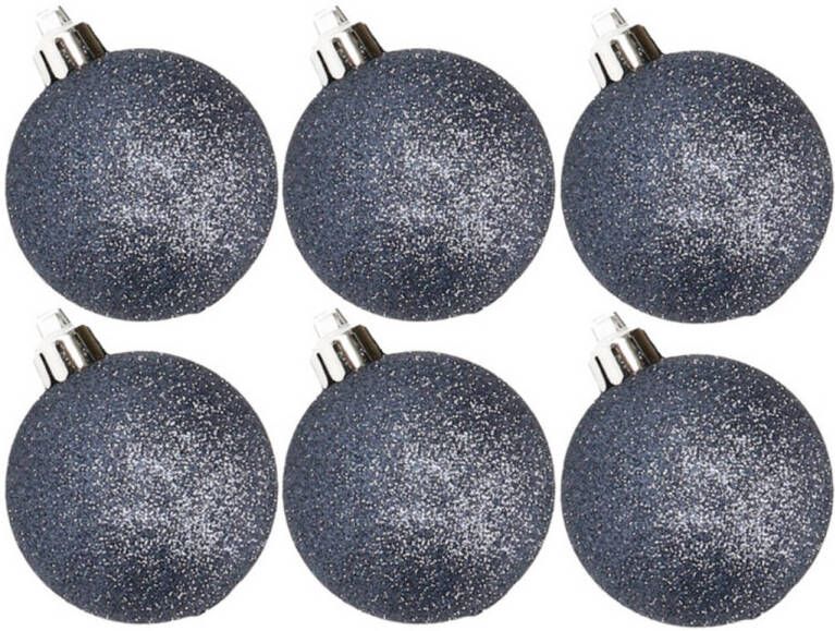 Cosy & Trendy 6x stuks kunststof glitter kerstballen donkerblauw 6 cm Kerstbal