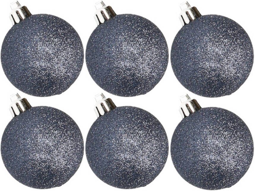 Cosy & Trendy 6x stuks kunststof glitter kerstballen donkerblauw 8 cm Kerstbal