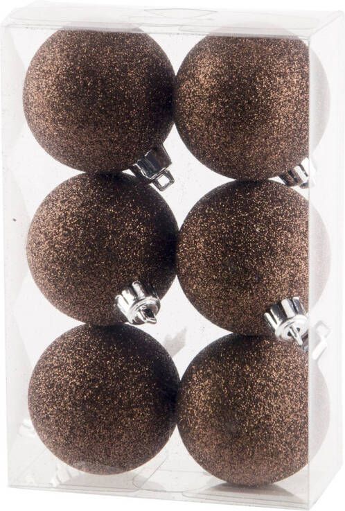 Cosy & Trendy 6x stuks kunststof glitter kerstballen donkerbruin 6 cm Kerstbal