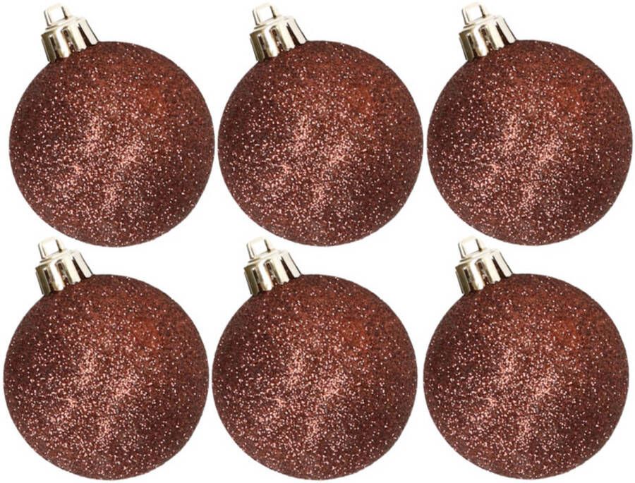 Cosy & Trendy 6x stuks kunststof glitter kerstballen donkerbruin 8 cm Kerstbal