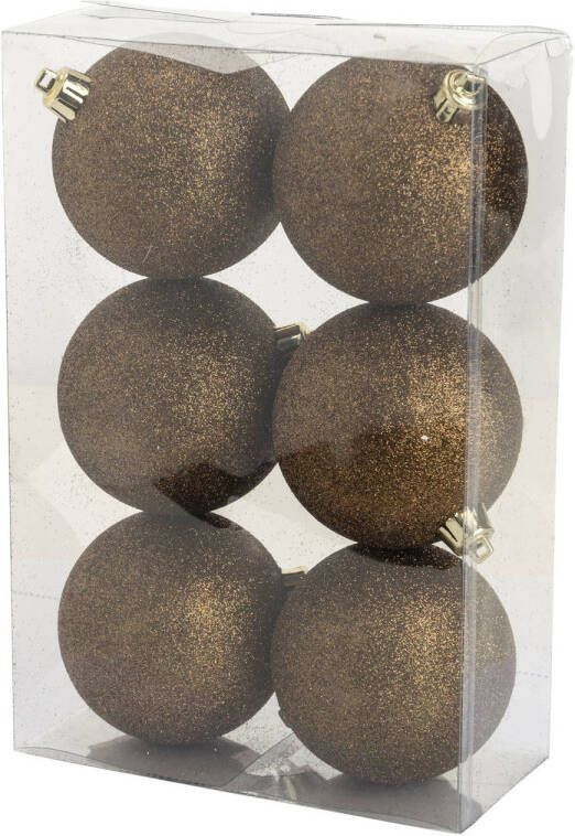 Cosy & Trendy 6x stuks kunststof glitter kerstballen donkerbruin 8 cm Kerstbal