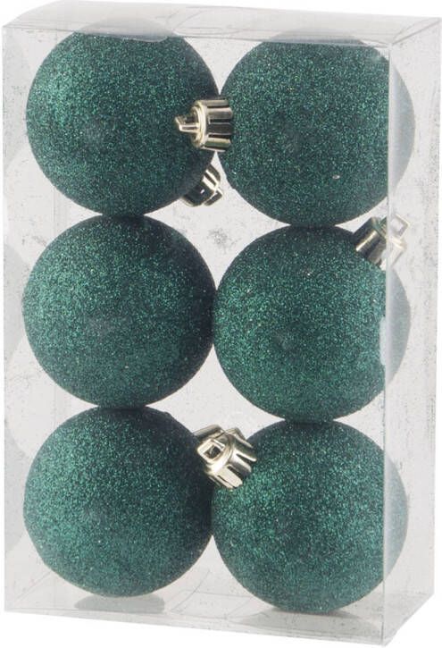 Cosy & Trendy 6x stuks kunststof glitter kerstballen donkergroen 6 cm Kerstbal