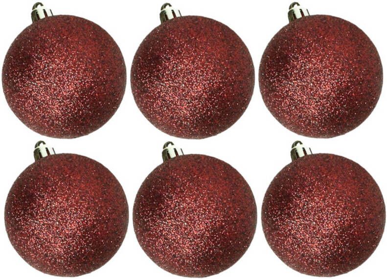 Cosy & Trendy 6x stuks kunststof glitter kerstballen donkerrood 6 cm Kerstbal