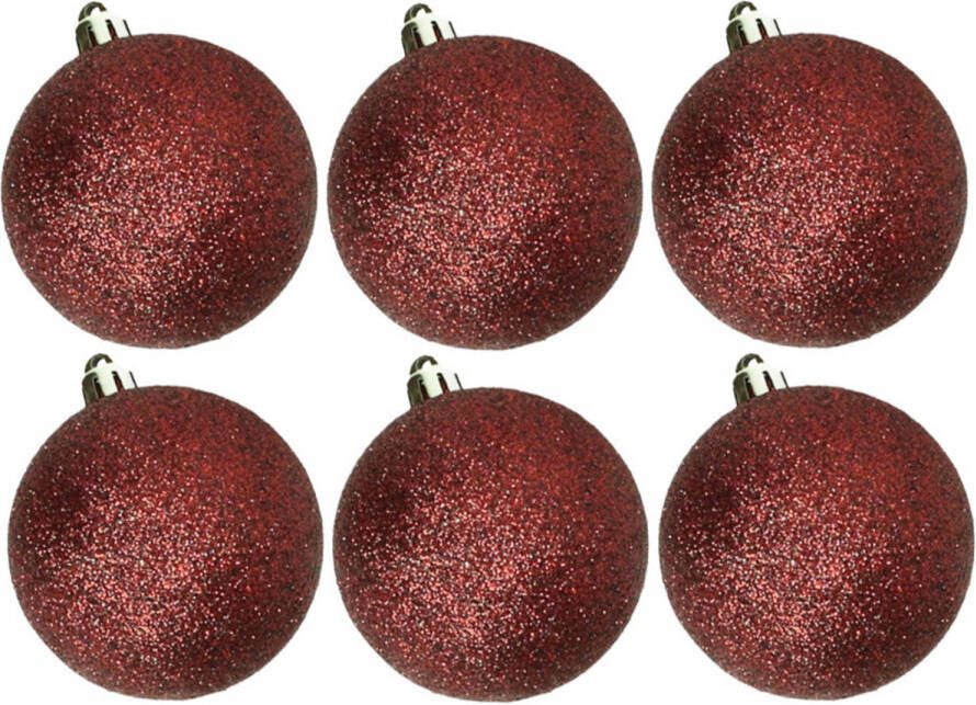 Cosy & Trendy 6x stuks kunststof glitter kerstballen donkerrood 8 cm Kerstbal