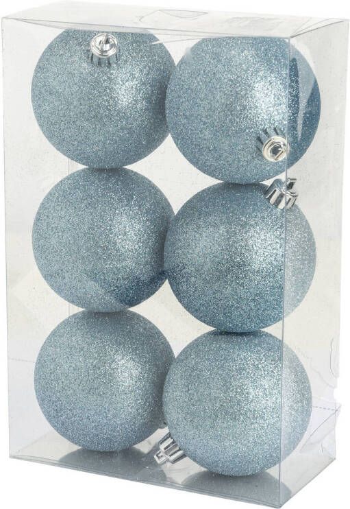 Cosy & Trendy 6x stuks kunststof glitter kerstballen ijsblauw 8 cm Kerstbal