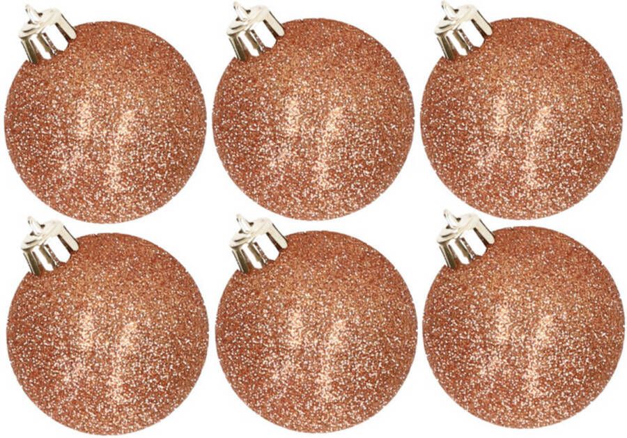 Cosy & Trendy 6x stuks kunststof glitter kerstballen koper 8 cm Kerstbal