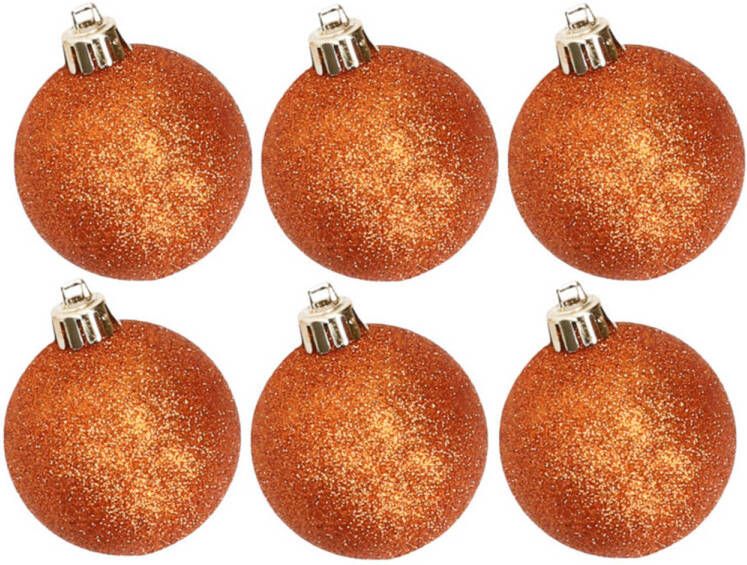 Cosy & Trendy 6x stuks kunststof glitter kerstballen oranje 6 cm Kerstbal