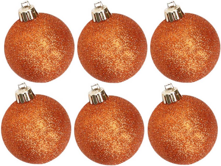 Cosy & Trendy 6x stuks kunststof glitter kerstballen oranje 8 cm Kerstbal