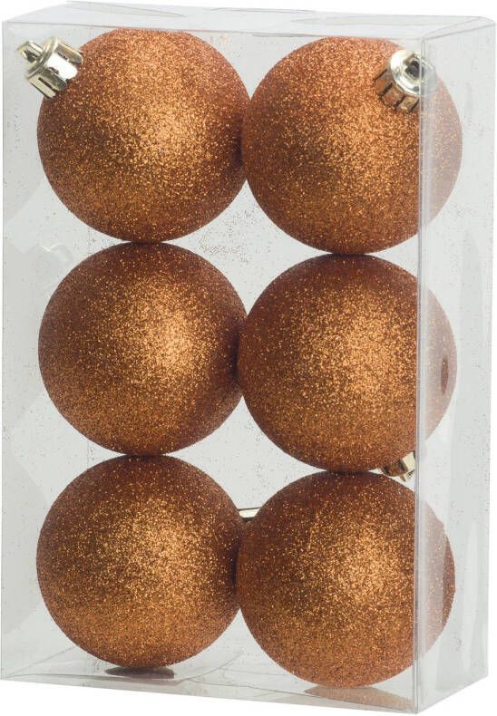 Cosy & Trendy 6x stuks kunststof glitter kerstballen oranje 8 cm Kerstbal