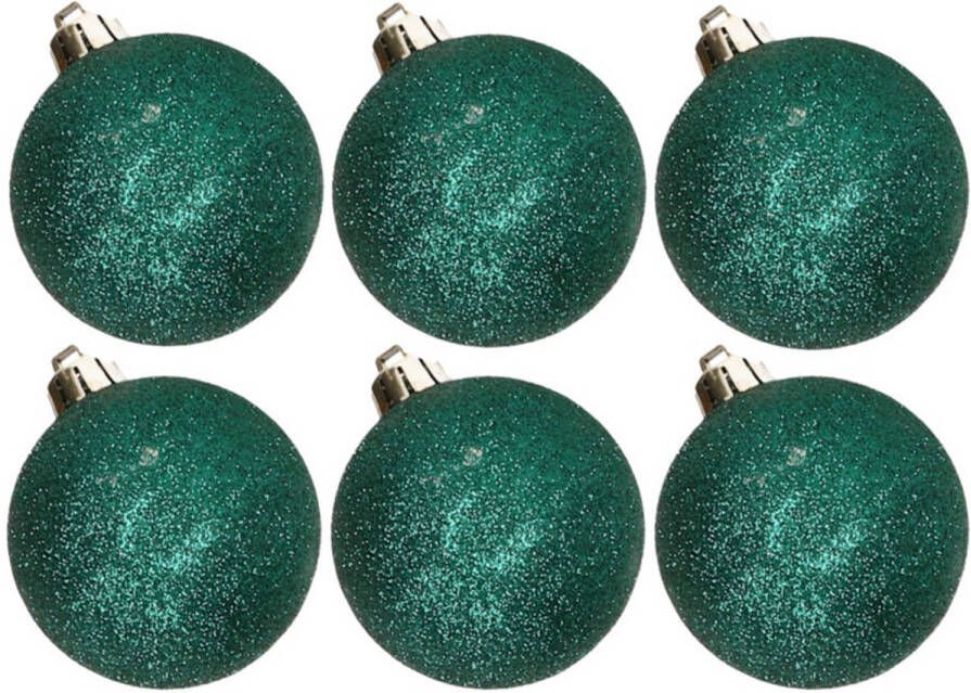 Cosy & Trendy 6x stuks kunststof glitter kerstballen petrol groen 8 cm Kerstbal