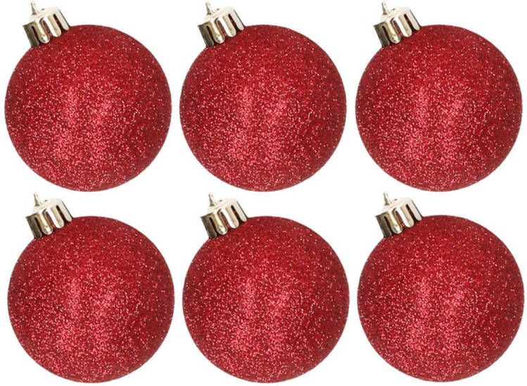 Cosy & Trendy 6x stuks kunststof glitter kerstballen rood 6 cm Kerstbal